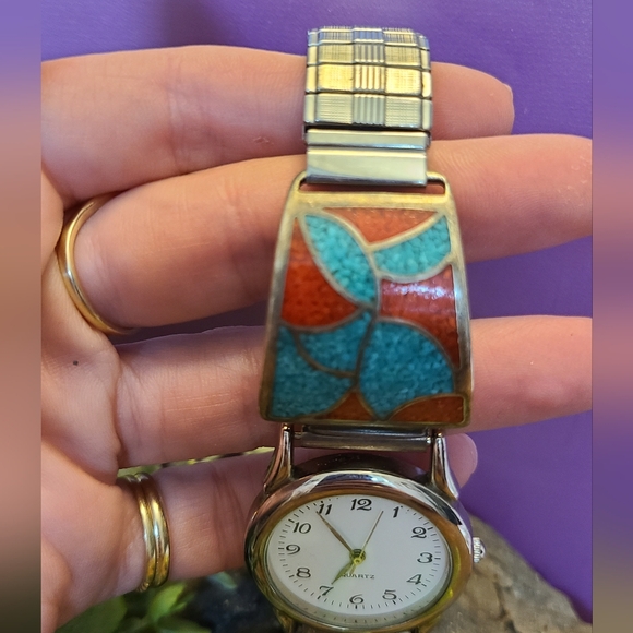 Vintage Navajo Turquoise and Coral Inlay Watch Band with Watch